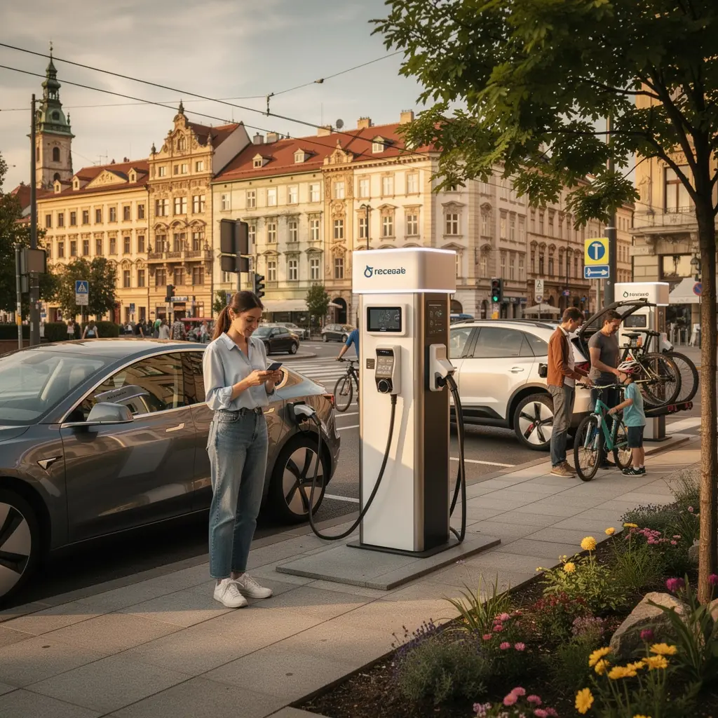 DetailnГ­ pohled na nabГ­jecГ­ kabel a displej stanice ukazujГ­cГ­ aktuГЎlnГ­ stav nabГ­jenГ­.