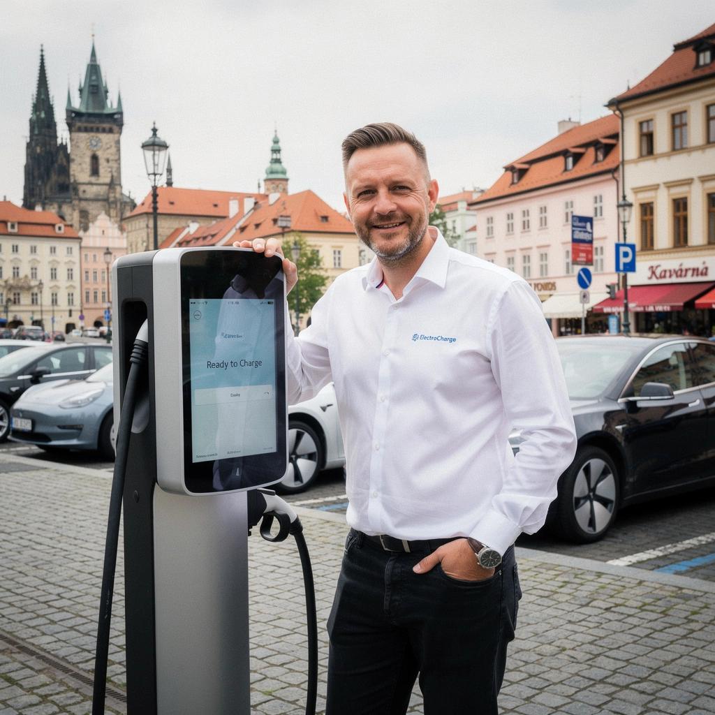 Detailní pohled na nabíjecí kabely a stojan pro elektrická vozidla.